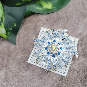 ZAD Silver & Blue Rhinestone Sunburst Brooch Pin NEW